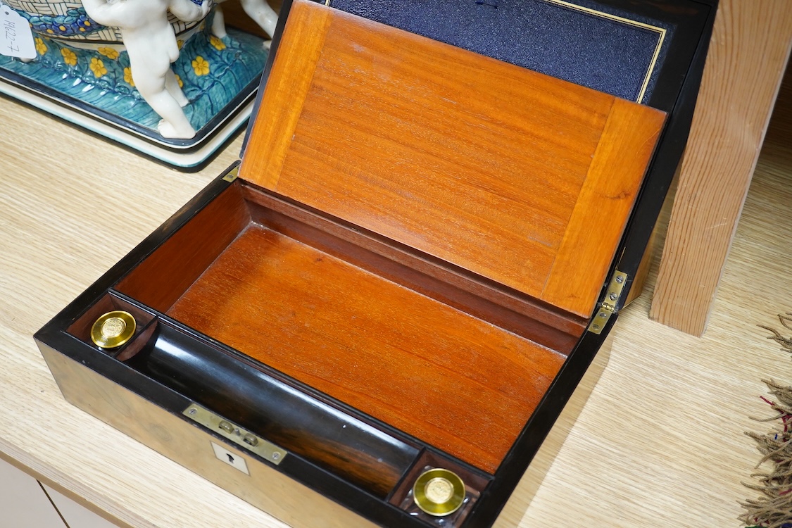 A 19th century burr walnut writing slope with mother of pearl plaque inscribed Ellen Warner, Dec, 8th 1868, 36cm wide